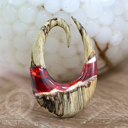 Tindik Anting Piercing Epoxy dan Kayu Ear-weight motif ukiran kayu dan resin warna-warni