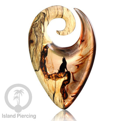 Tindik Anting Piercing Epoxy dan Kayu Ear-weight motif Serigala atau Gunung Api
