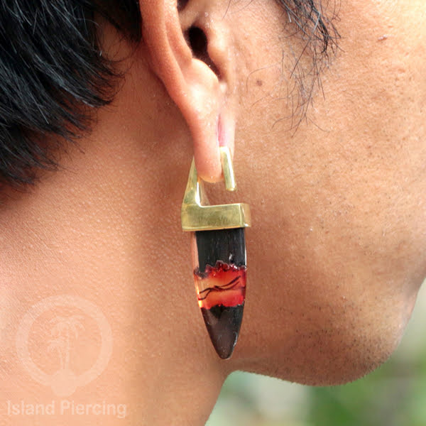 Tindik Anting Piercing Epoxy, Kayu dan Kuningan Ear-weight motif Cakar dan Kotak