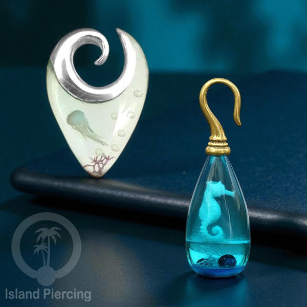 Tindik Anting Piercing Epoxy dan Kuningan Ear Expander motif Jelly fish dan Kuda Laut