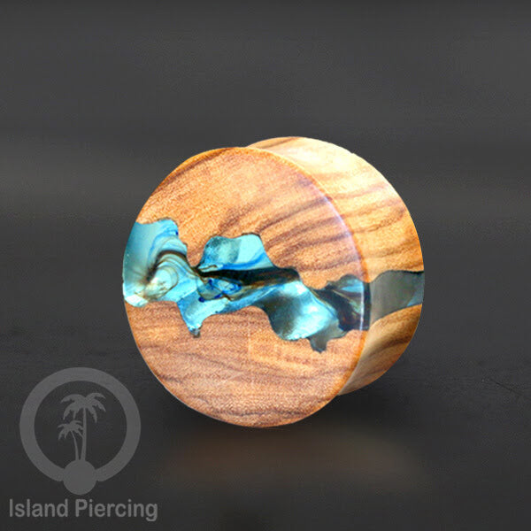 Tindik Ear-plug Piercing dari kayu ukiran tangan kombinasi resin warna warni