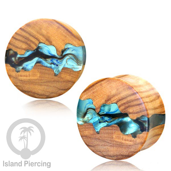 Tindik Ear-plug Piercing dari kayu ukiran tangan kombinasi resin warna warni
