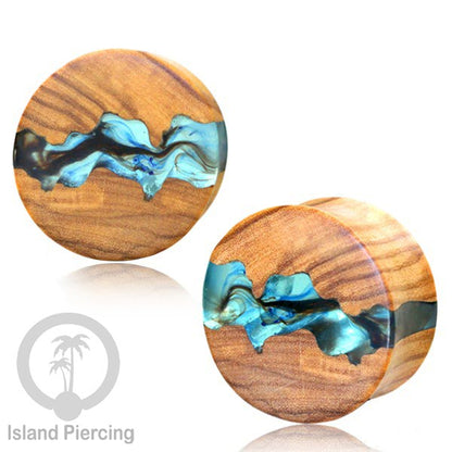 Tindik Ear-plug Piercing dari kayu ukiran tangan kombinasi resin warna warni