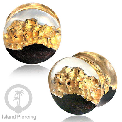 Tindik Ear-plug Piercing dari kayu ukiran tangan kombinasi resin warna warni