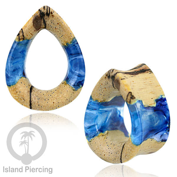 Tindik Ear-tunnel Piercing dari kayu ukiran tangan kombinasi resin warna warni