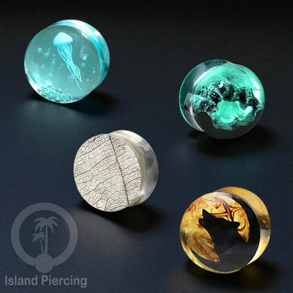 Tindik Ear-plug Resin dengan desain Jelly fish, Serigala, Goa dan Daun
