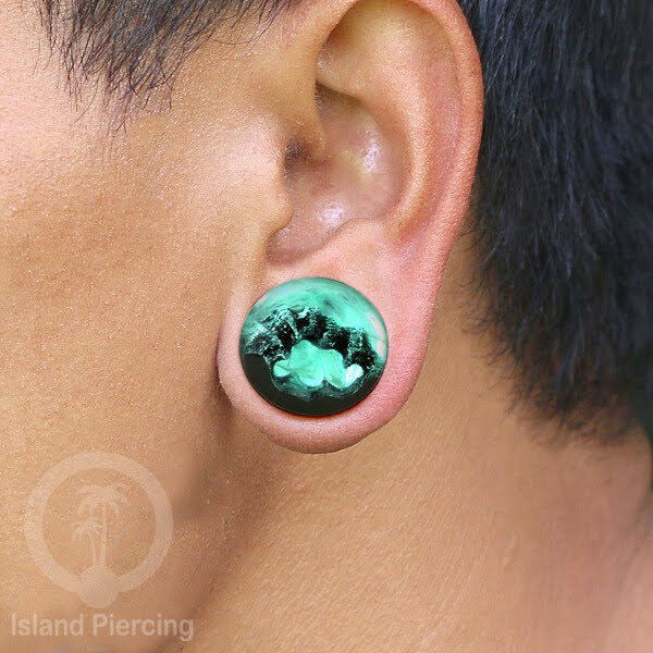 Tindik Ear-plug Resin dengan desain Jelly fish, Serigala, Goa dan Daun
