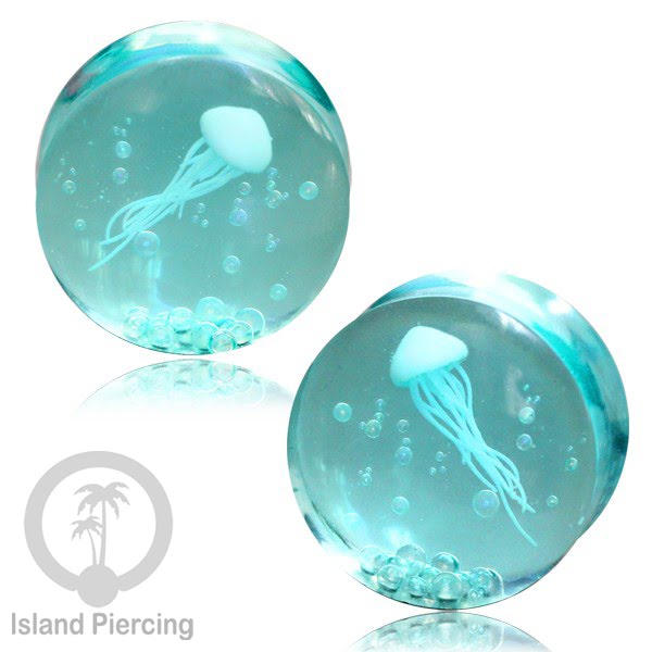 Tindik Ear-plug Resin dengan desain Jelly fish, Serigala, Goa dan Daun