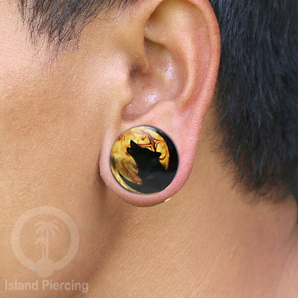 Tindik Ear-plug Resin dengan desain Jelly fish, Serigala, Goa dan Daun