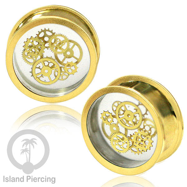 Tindik Ear-plug Resin dalam Flesh Tunnel Kuningan dengan desain Baja di dalam