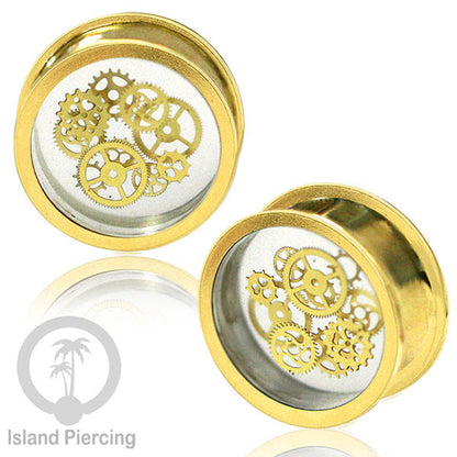 Tindik Ear-plug Resin dalam Flesh Tunnel Kuningan dengan desain Baja di dalam
