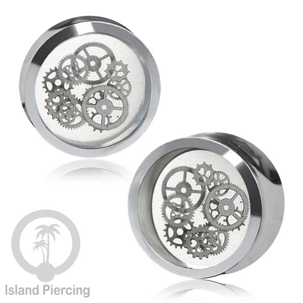 Tindik Ear-plug Resin dalam Flesh Tunnel Kuningan dengan desain Baja di dalam