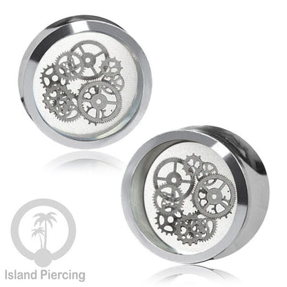 Tindik Ear-plug Resin dalam Flesh Tunnel Kuningan dengan desain Baja di dalam