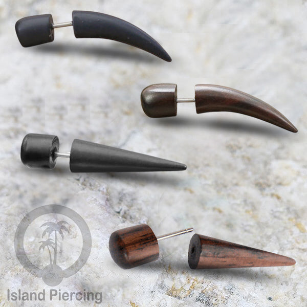 Fake Wood Piercing, Tindik palsu sistem push, model kayu taring warna coklat dan hitam.
