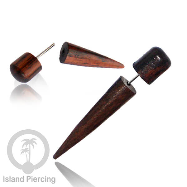 Fake Wood Piercing, Tindik palsu sistem push, model kayu taring warna coklat dan hitam.