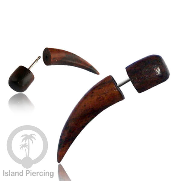 Fake Wood Piercing, Tindik palsu sistem push, model kayu taring warna coklat dan hitam.