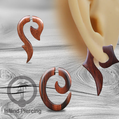 Fake wood piercing, Tindik palsu, Model Kayu Sono warna natural yang datar. Sistem Push