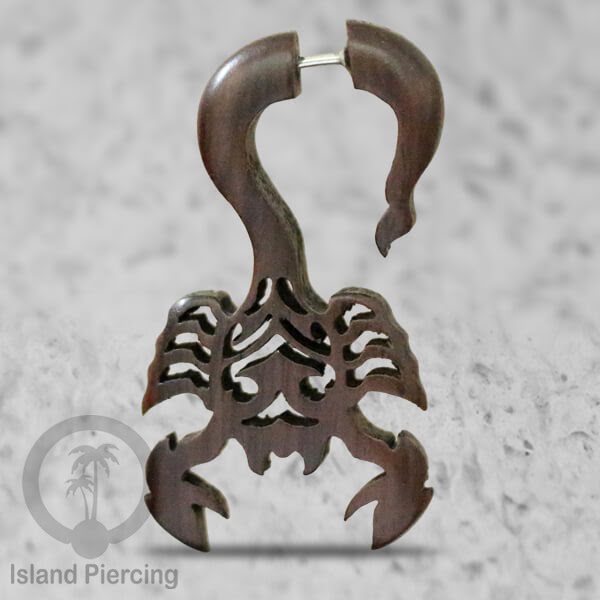 Anting Tindik kayu model sistem push dengan ukiran binatang tribal. Fake Piercing Wood Expanders