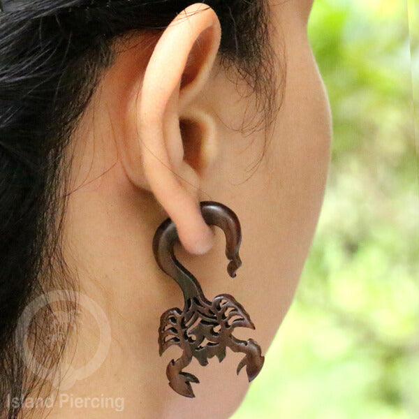 Anting Tindik kayu model sistem push dengan ukiran binatang tribal. Fake Piercing Wood Expanders