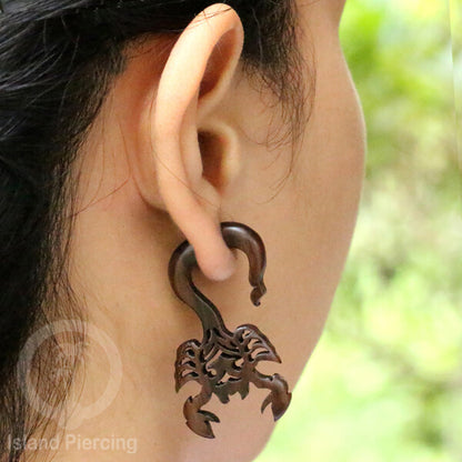 Anting Tindik kayu model sistem push dengan ukiran binatang tribal. Fake Piercing Wood Expanders