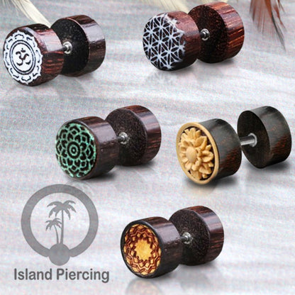 Fake Wood Plugs, Anting Plug kayu ukiran tangan yang sistem mur bisa pakai semua telinga