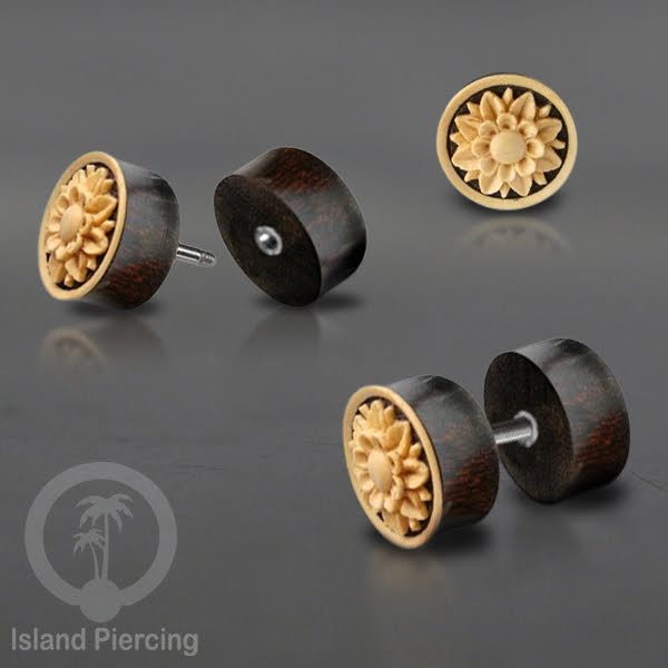 Fake Wood Plugs, Anting Plug kayu ukiran tangan yang sistem mur bisa pakai semua telinga