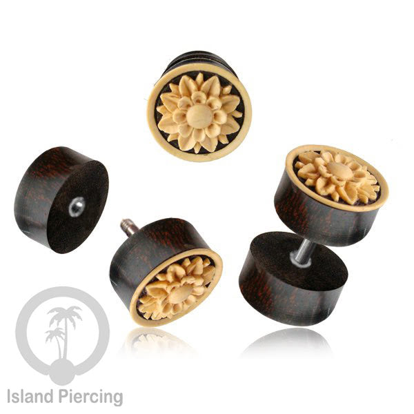 Fake Wood Plugs, Anting Plug kayu ukiran tangan yang sistem mur bisa pakai semua telinga