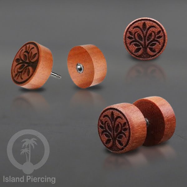 Fake Wood Piercing, Anting Plug kayu sistem push dari kayu Sawo  banyak variasi