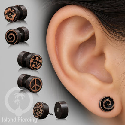 Fake Plug Piercing, Anting Tindik Plug Kayu ukiran pakai sistem push banyak pilihan model.