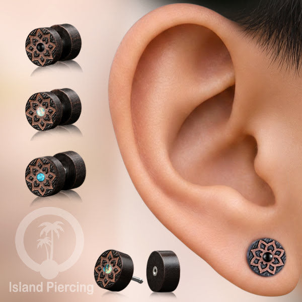 Fake Plug Piercing, Anting Tindik Plug pakai sistem mur ukiran Kayu Sawo dengan variasi batu