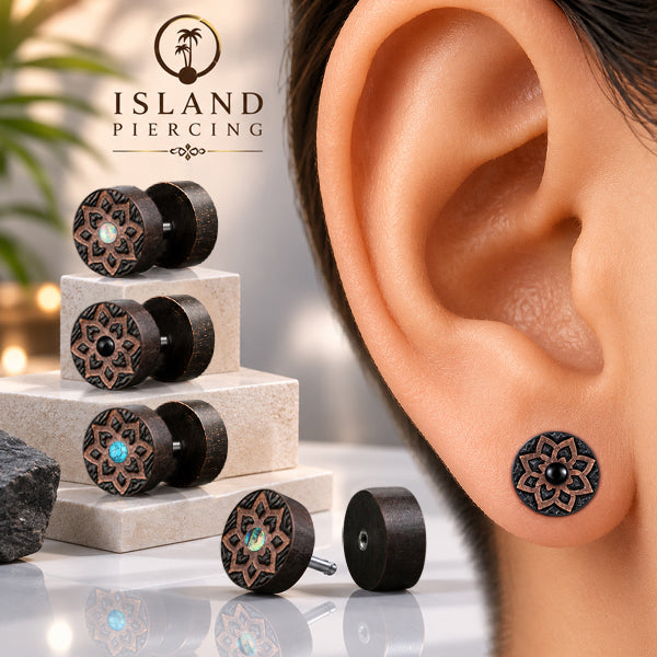 Fake Plug Piercing, Anting Tindik Plug pakai sistem mur ukiran Kayu Sawo dengan variasi batu