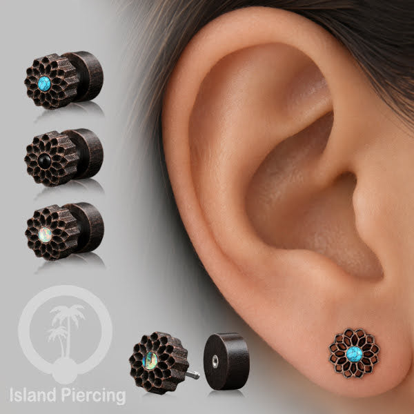 Fake Plug Piercing, Anting Tindik Plug pakai sistem mur ukiran Kayu dengan batu asli.