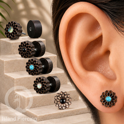 Fake Plug Piercing, Anting Tindik Plug pakai sistem mur ukiran Kayu dengan batu asli.