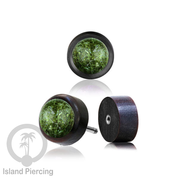 Fake Plug Piercing, Anting Tindik Plug bahan Kayu pakai sistem mur dengan batu asli ukuran 8mm