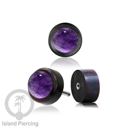 Fake Plug Piercing, Anting Tindik Plug bahan Kayu pakai sistem mur dengan batu asli ukuran 8mm