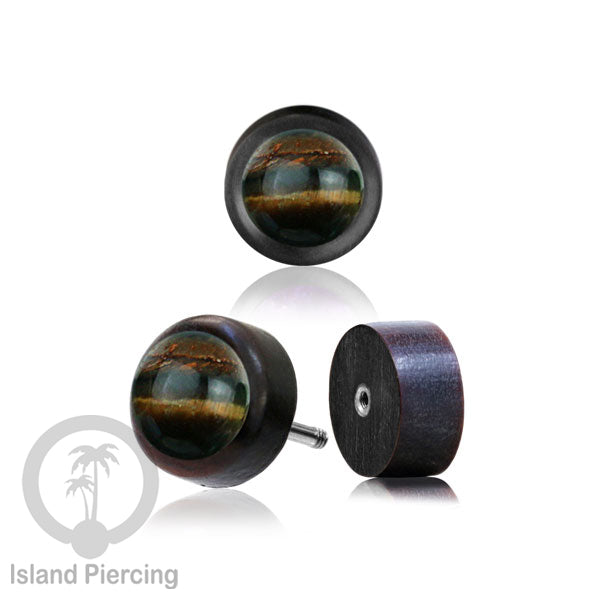 Fake Plug Piercing, Anting Tindik Plug bahan Kayu pakai sistem mur dengan batu asli ukuran 8mm