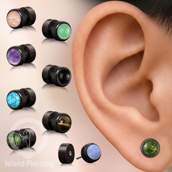 Fake Plug Piercing, Anting Tindik Plug bahan Kayu pakai sistem mur dengan batu asli ukuran 8mm