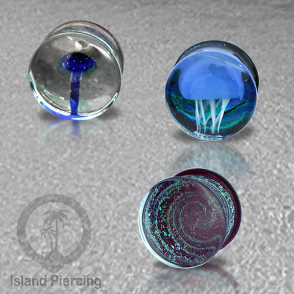 Plug kaca Piercing dengan motif jamur, jelly fish dan spiral. Tindik earplug kaca berkualitas