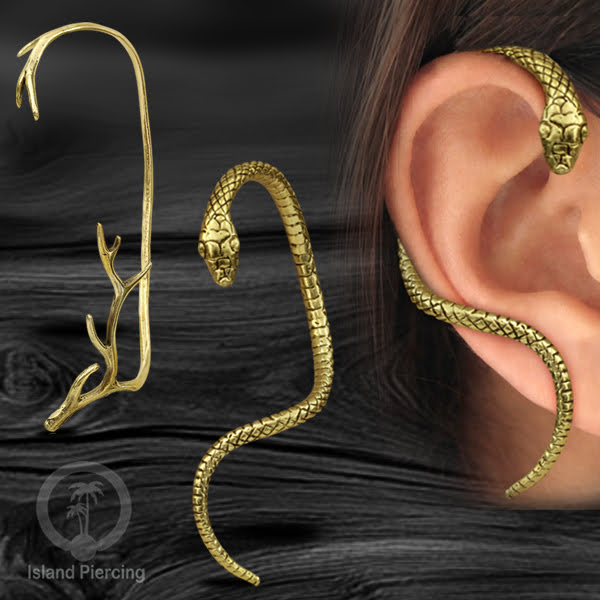 Full Brass Ear-cuffs , Anting Perhiasan Kuningan jepitan penuh telinga, Tanduk Rusa dan Ular