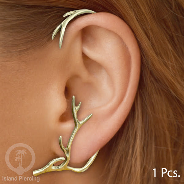 Full Brass Ear-cuffs , Anting Perhiasan Kuningan jepitan penuh telinga, Tanduk Rusa dan Ular