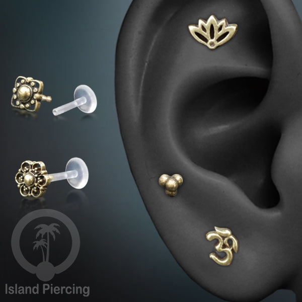 Labret bioplastik dengan bagian depan kuningan Tindik piercing Stainless tragus, daith, helix, Push system