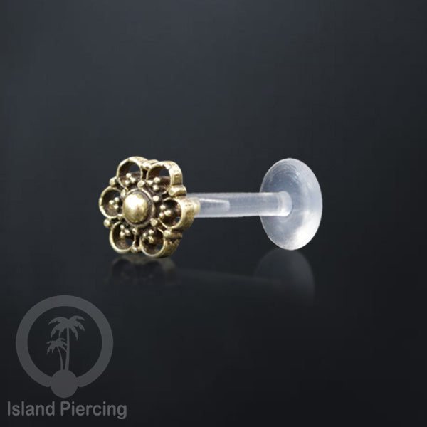 Labret bioplastik dengan bagian depan kuningan Tindik piercing Stainless tragus, daith, helix, Push system