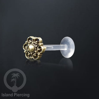 Labret bioplastik dengan bagian depan kuningan Tindik piercing Stainless tragus, daith, helix, Push system