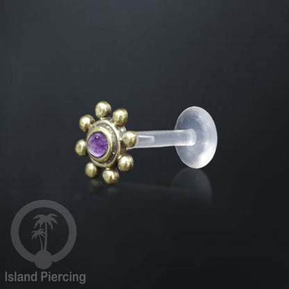 Tindik Labret Push sistem bioplastik kuningan dengan batu cantik, Brass Body Piercing Jewelry