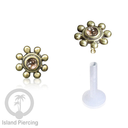 Tindik Labret Push sistem bioplastik kuningan dengan batu cantik, Brass Body Piercing Jewelry