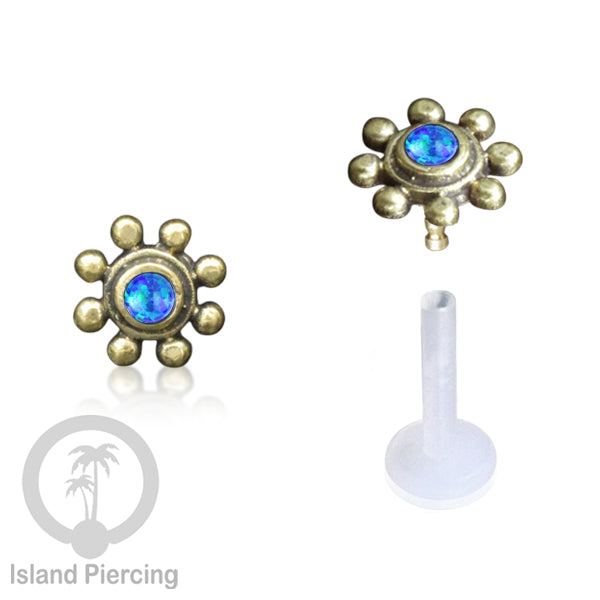 Tindik Labret Push sistem bioplastik kuningan dengan batu cantik, Brass Body Piercing Jewelry