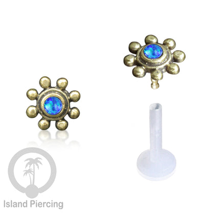 Tindik Labret Push sistem bioplastik kuningan dengan batu cantik, Brass Body Piercing Jewelry