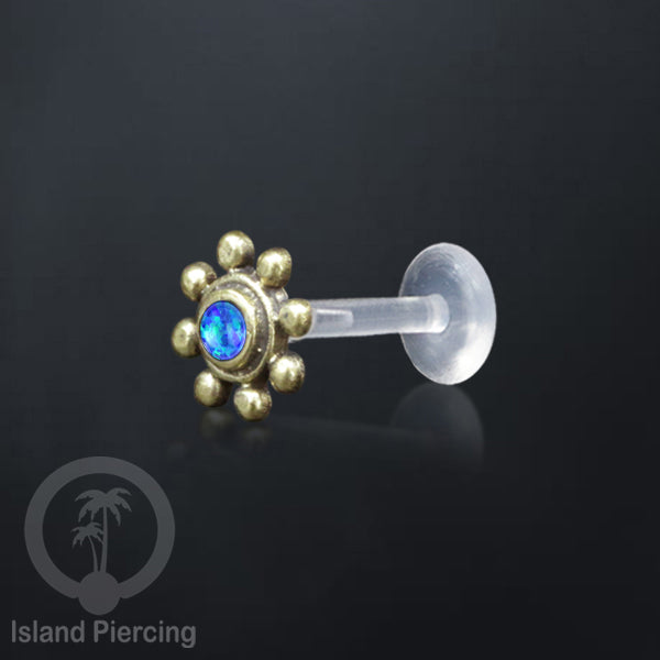 Tindik Labret Push sistem bioplastik kuningan dengan batu cantik, Brass Body Piercing Jewelry