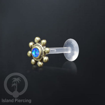 Tindik Labret Push sistem bioplastik kuningan dengan batu cantik, Brass Body Piercing Jewelry