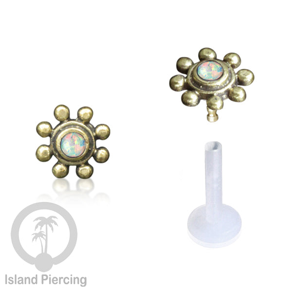 Tindik Labret Push sistem bioplastik kuningan dengan batu cantik, Brass Body Piercing Jewelry